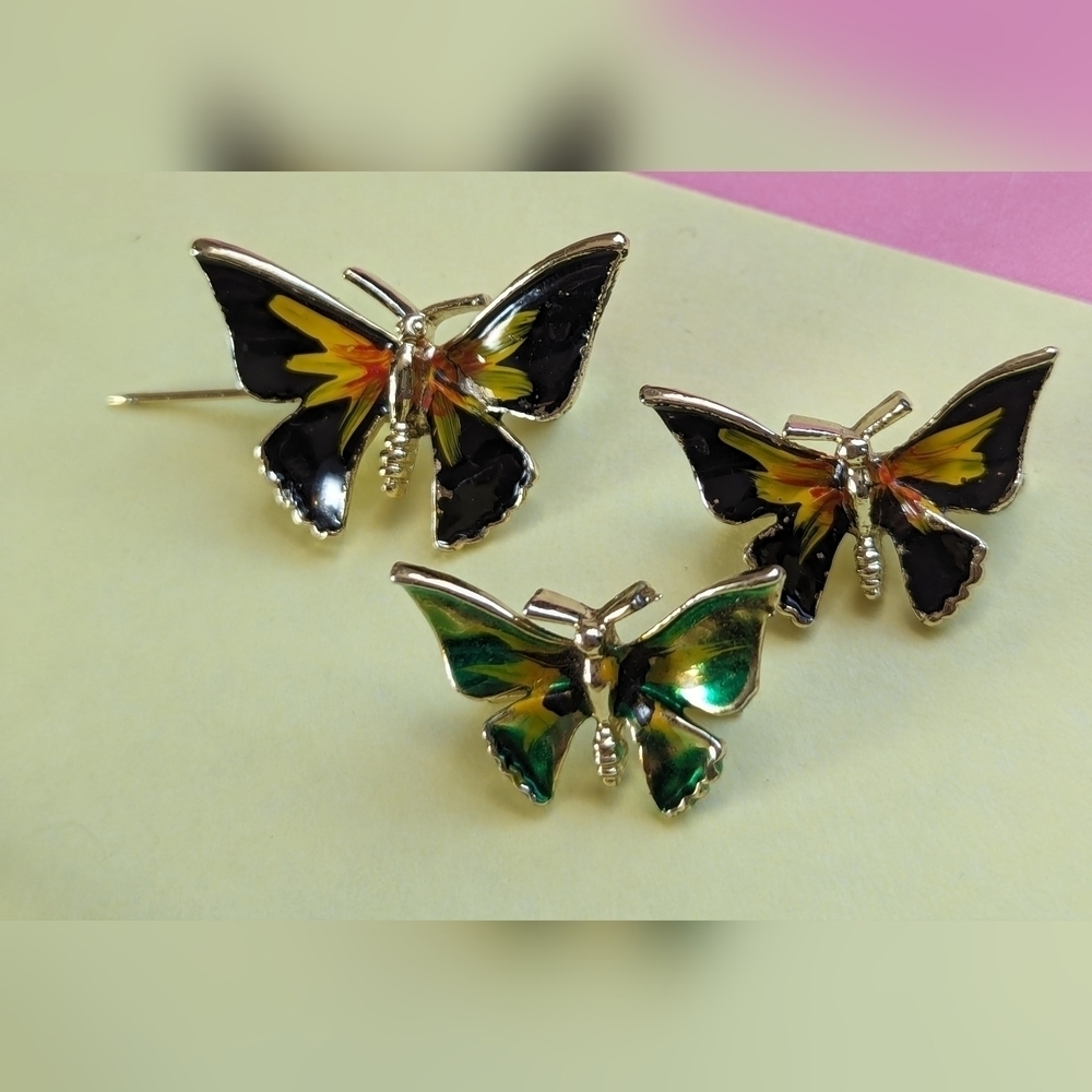 🦋 Vintage Pins Enamel  Brooch Pin three black yellow blue green Nature Lovers